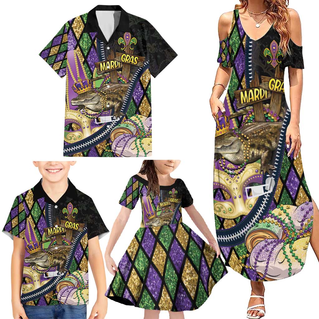 Personalized Mardi Gras Alligator Family Matching Summer Maxi Dress and Hawaiian Shirt Colorful Zipper Stylized
