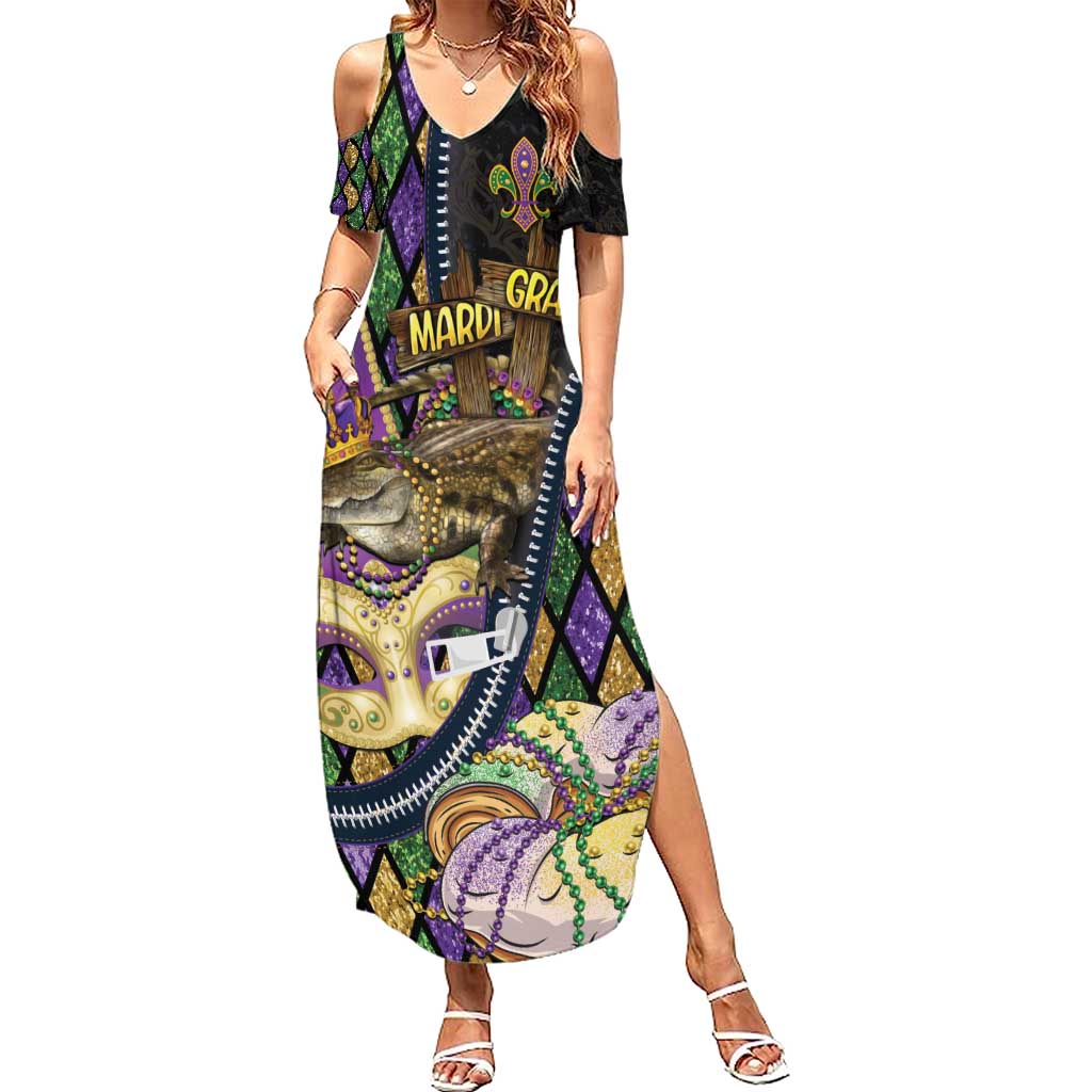 Personalized Mardi Gras Alligator Family Matching Summer Maxi Dress and Hawaiian Shirt Colorful Zipper Stylized