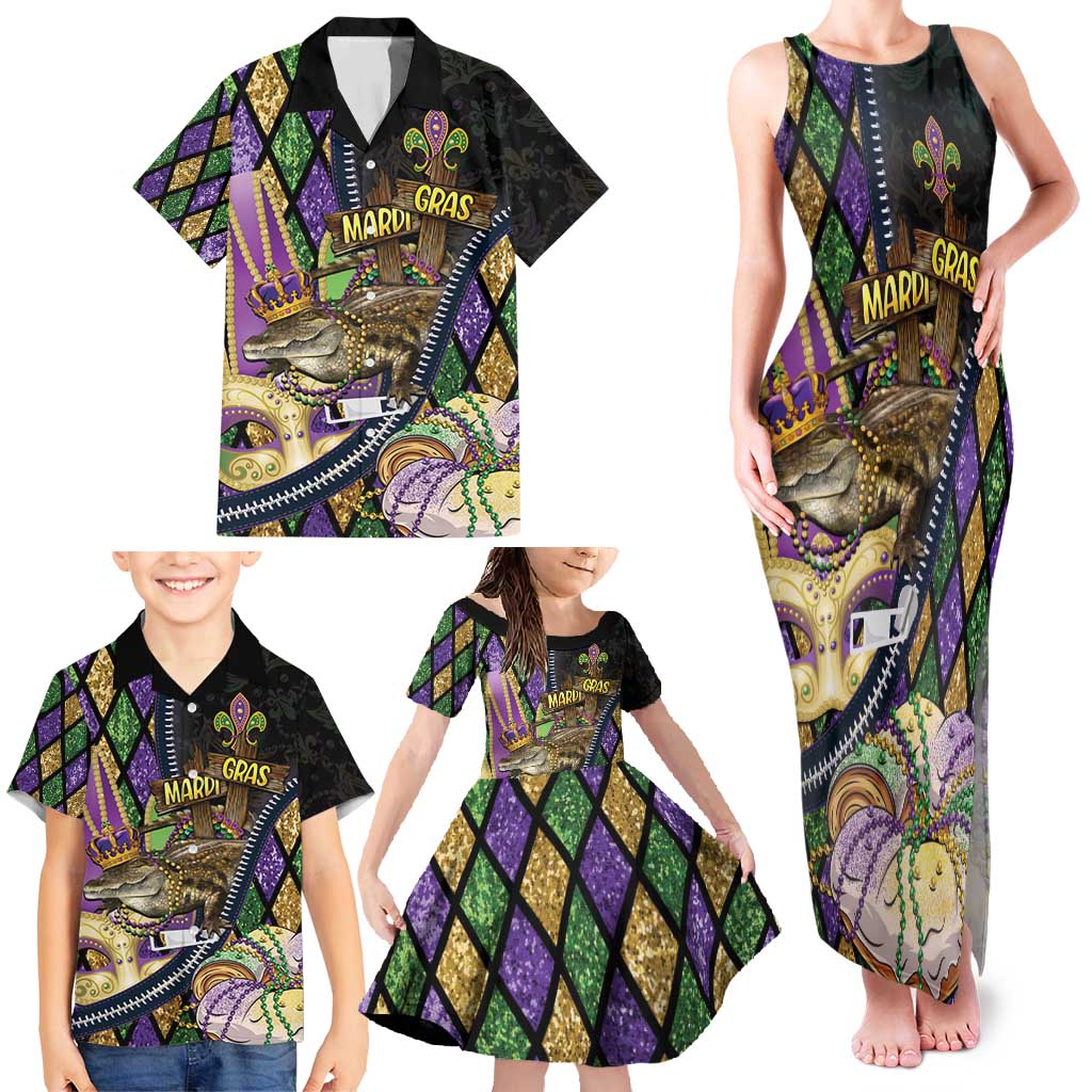 Personalized Mardi Gras Alligator Family Matching Tank Maxi Dress and Hawaiian Shirt Colorful Zipper Stylized