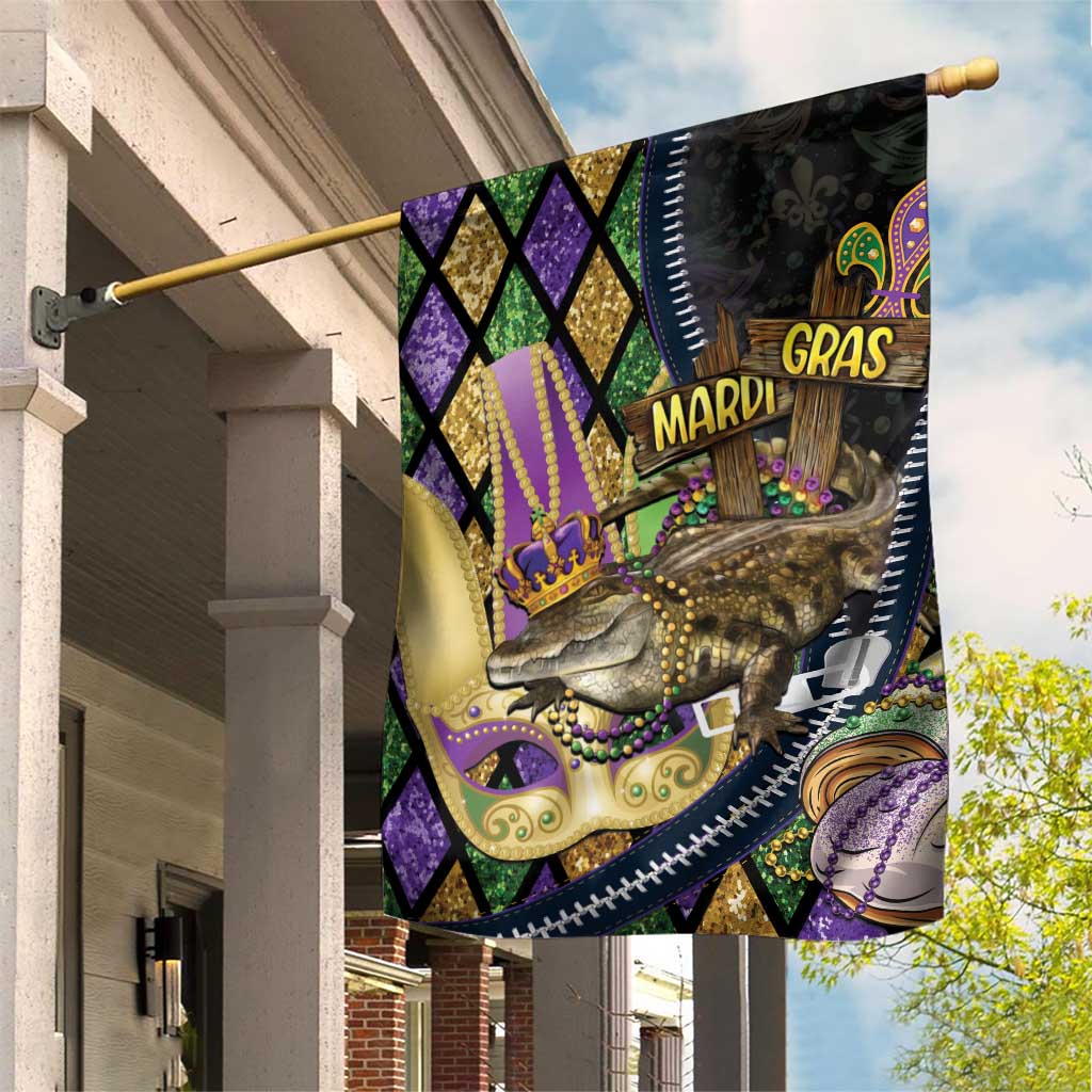 Mardi Gras Alligator Garden Flag Colorful Zipper Stylized