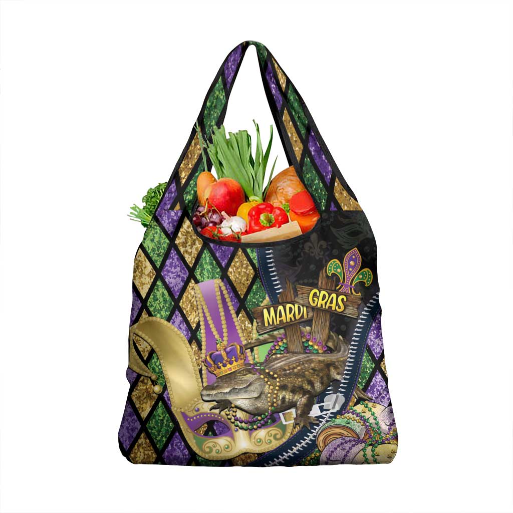 Mardi Gras Alligator Grocery Bag Colorful Zipper Stylized