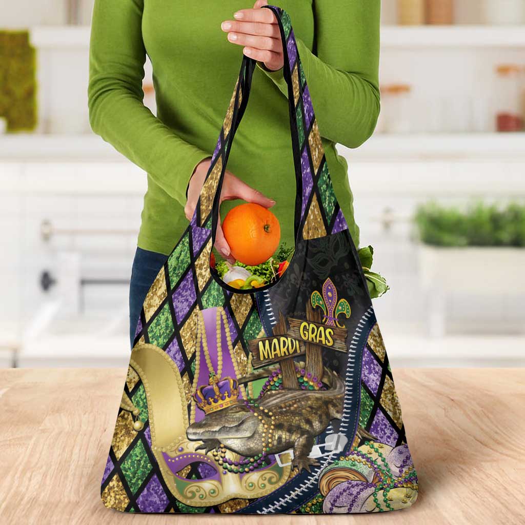 Mardi Gras Alligator Grocery Bag Colorful Zipper Stylized
