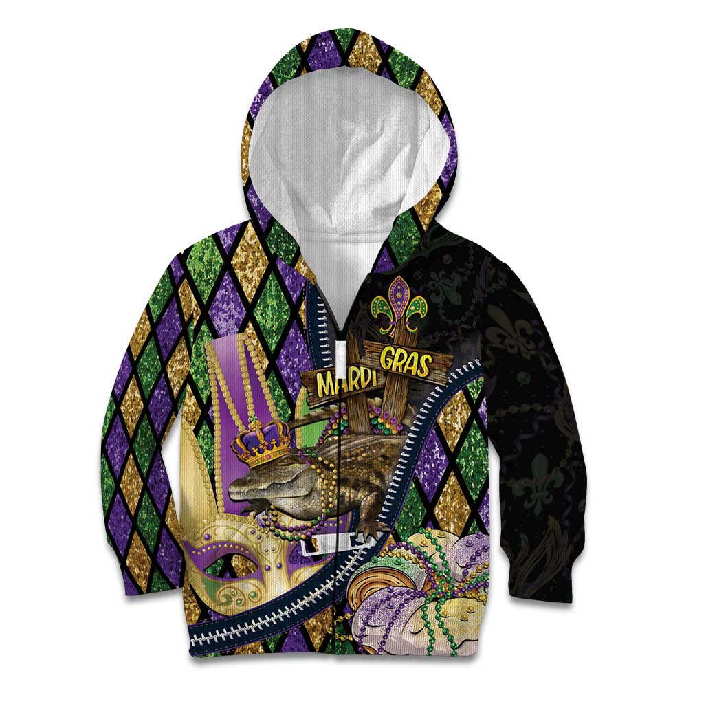 Personalized Mardi Gras Alligator Kid Hoodie Colorful Zipper Stylized