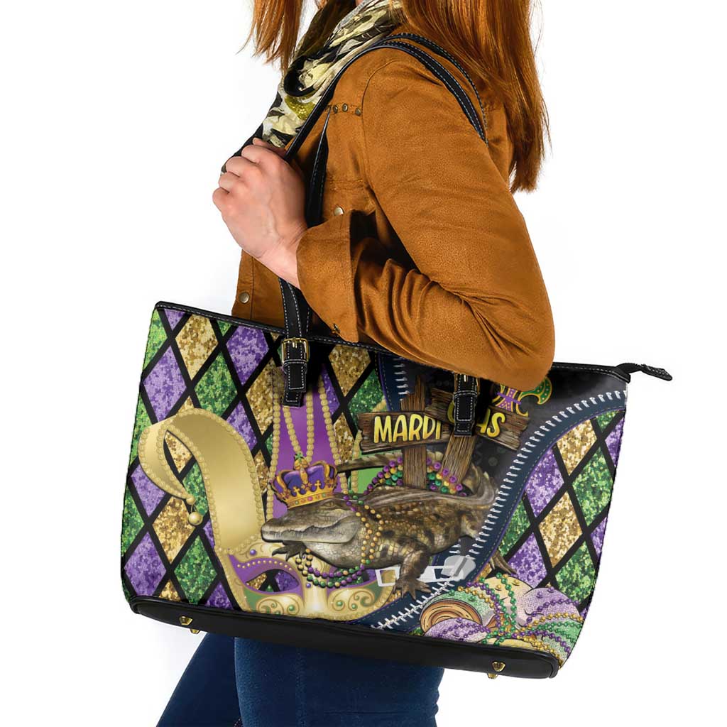 Mardi Gras Alligator Leather Tote Bag Colorful Zipper Stylized
