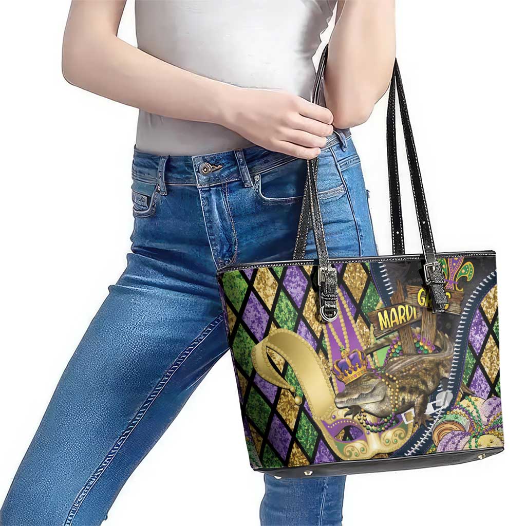 Mardi Gras Alligator Leather Tote Bag Colorful Zipper Stylized