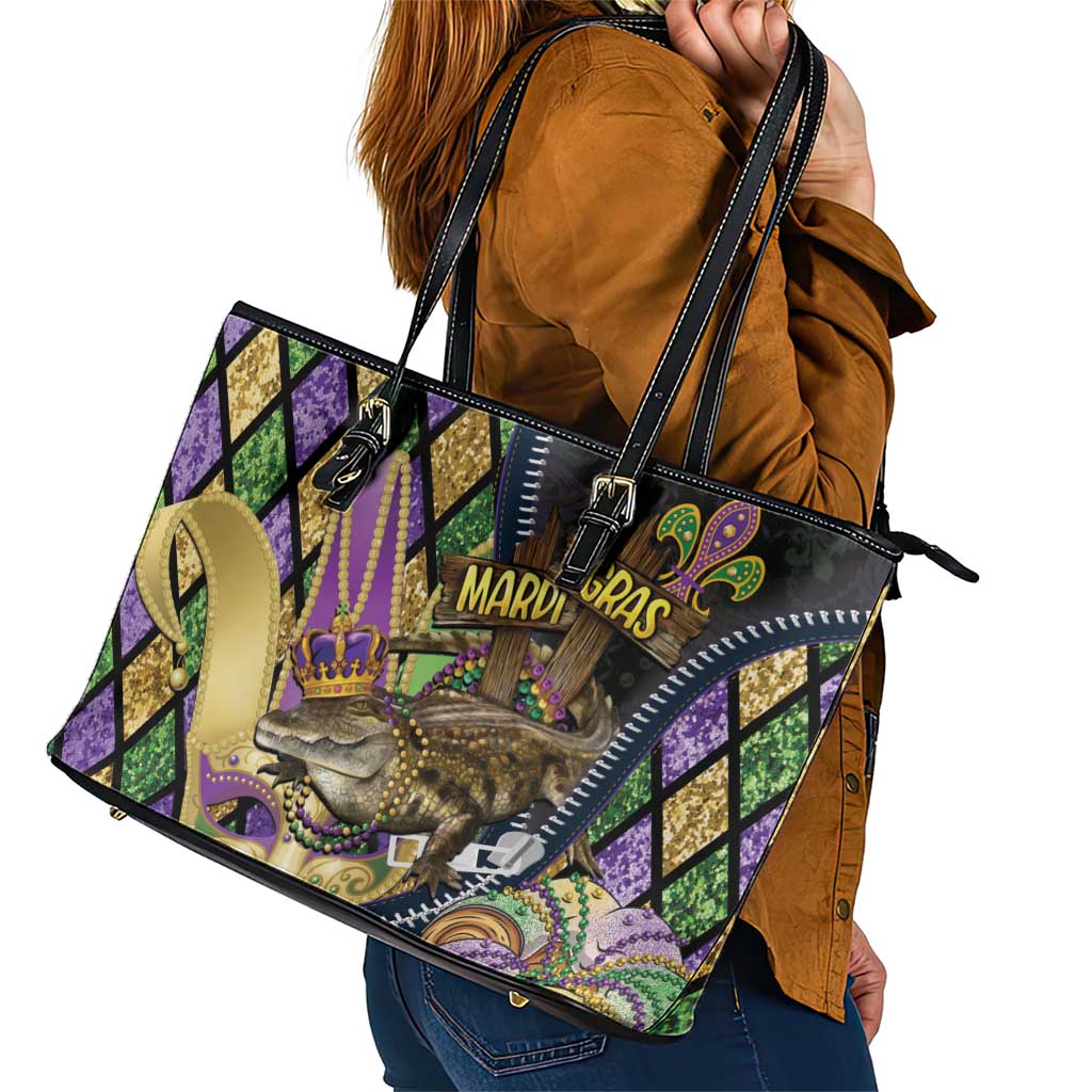 Mardi Gras Alligator Leather Tote Bag Colorful Zipper Stylized