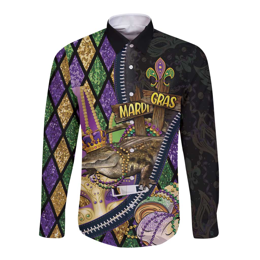 Personalized Mardi Gras Alligator Long Sleeve Button Shirt Colorful Zipper Stylized