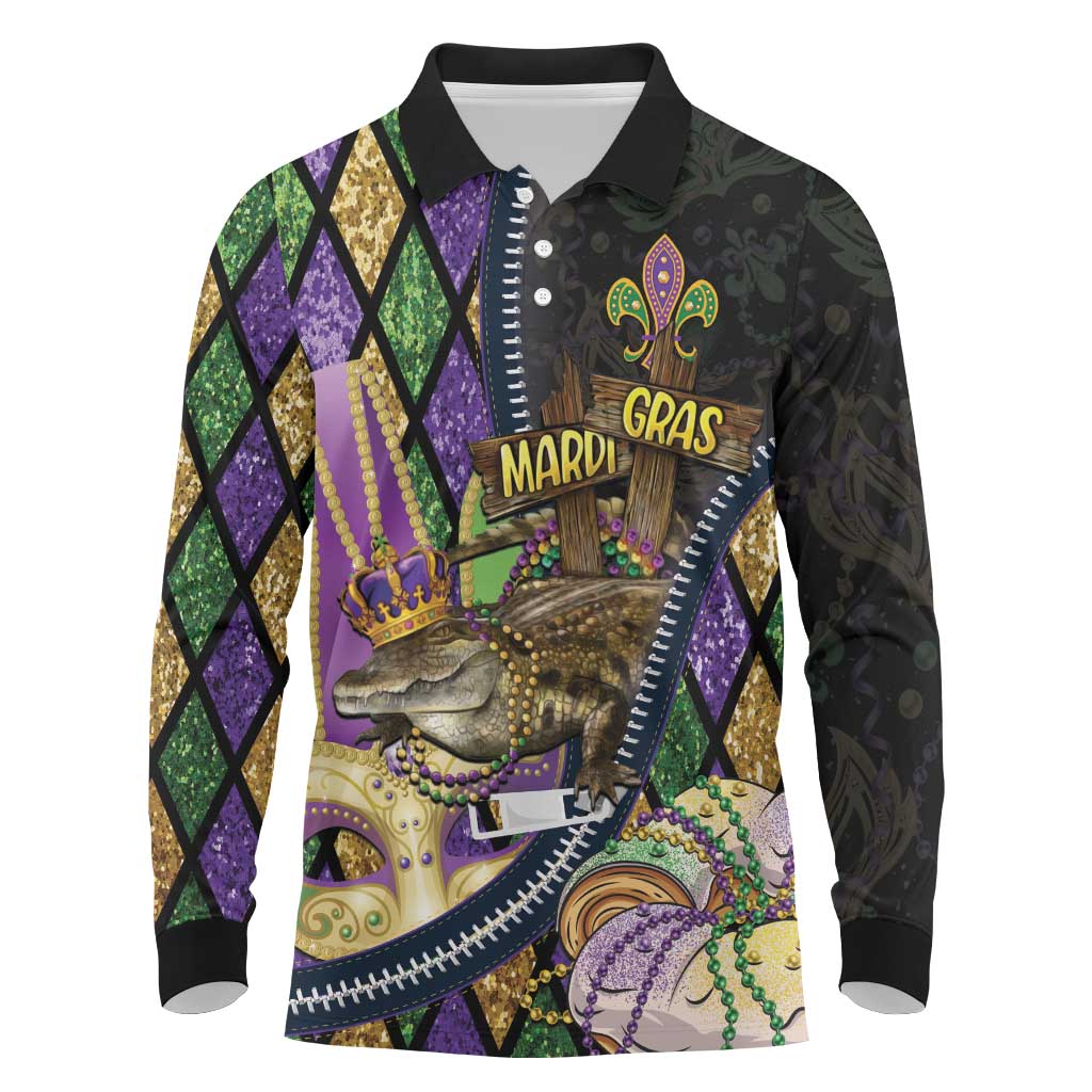 Personalized Mardi Gras Alligator Long Sleeve Polo Shirt Colorful Zipper Stylized