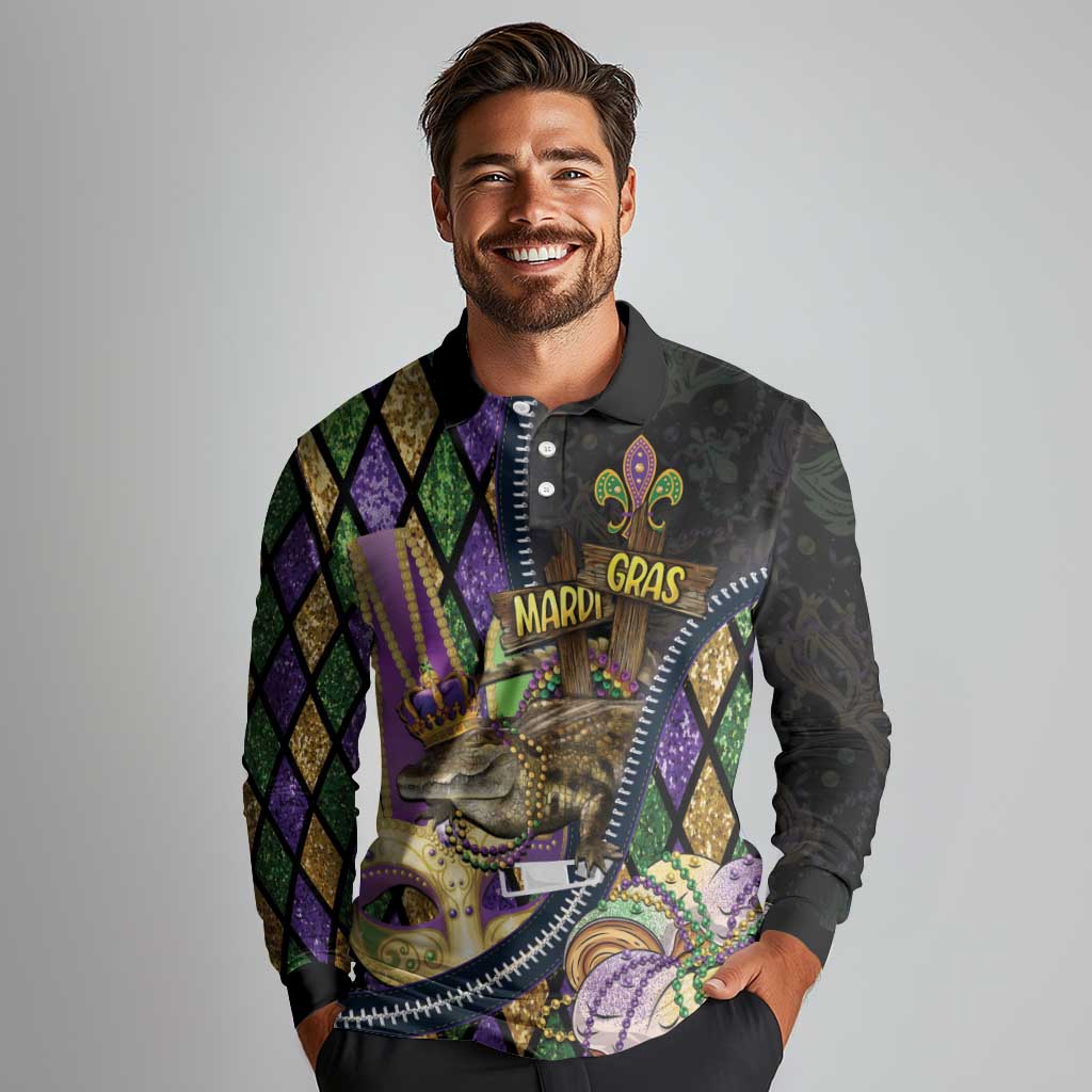 Personalized Mardi Gras Alligator Long Sleeve Polo Shirt Colorful Zipper Stylized