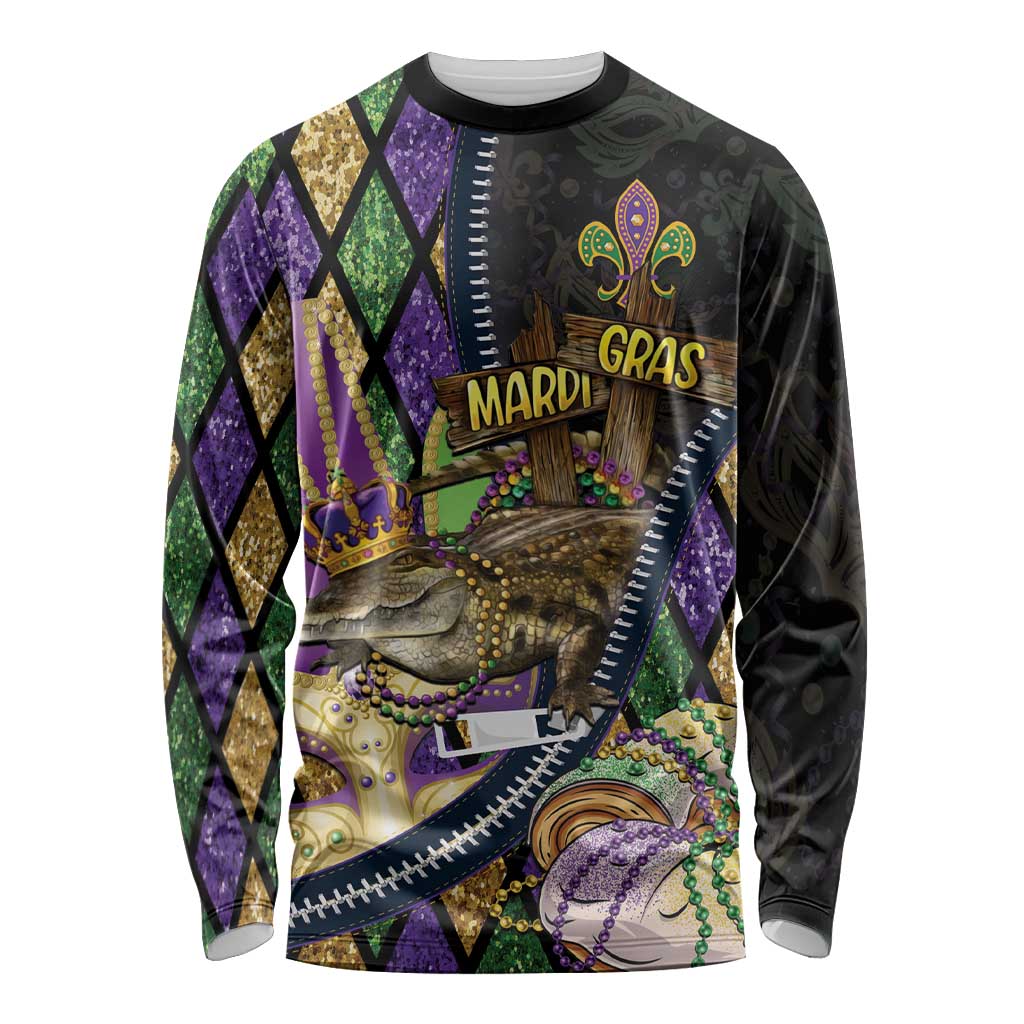Personalized Mardi Gras Alligator Long Sleeve Shirt Colorful Zipper Stylized