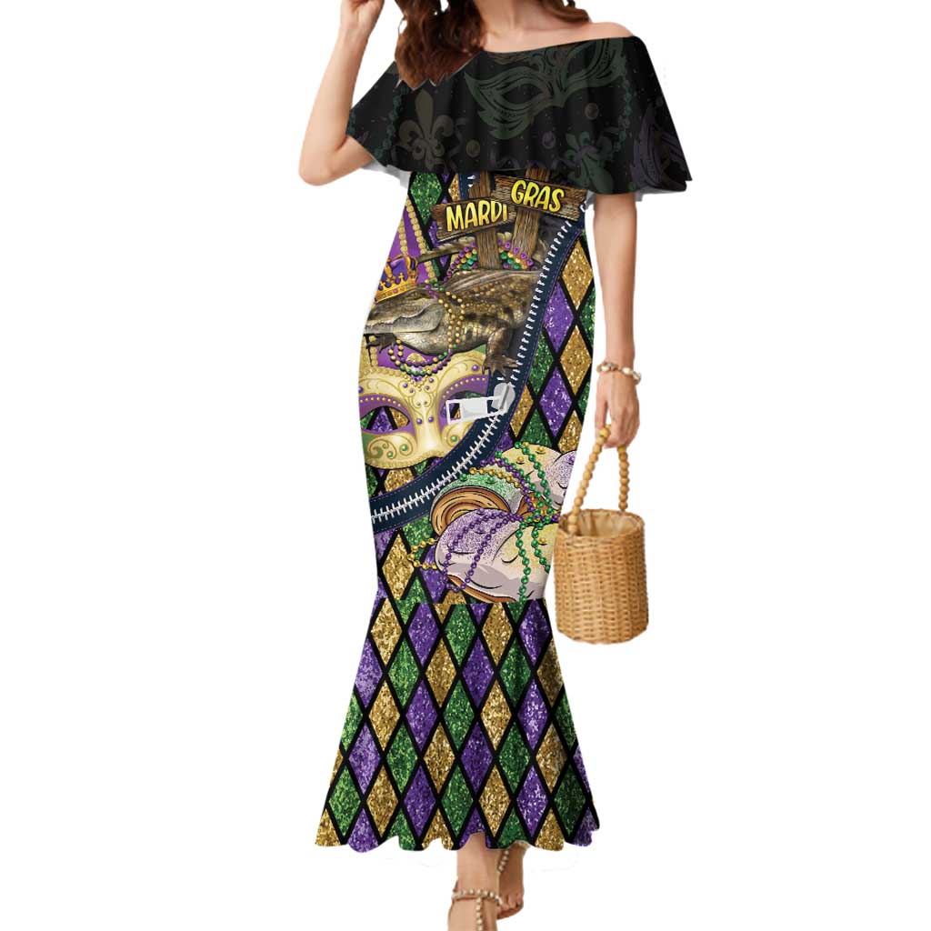 Personalized Mardi Gras Alligator Mermaid Dress Colorful Zipper Stylized