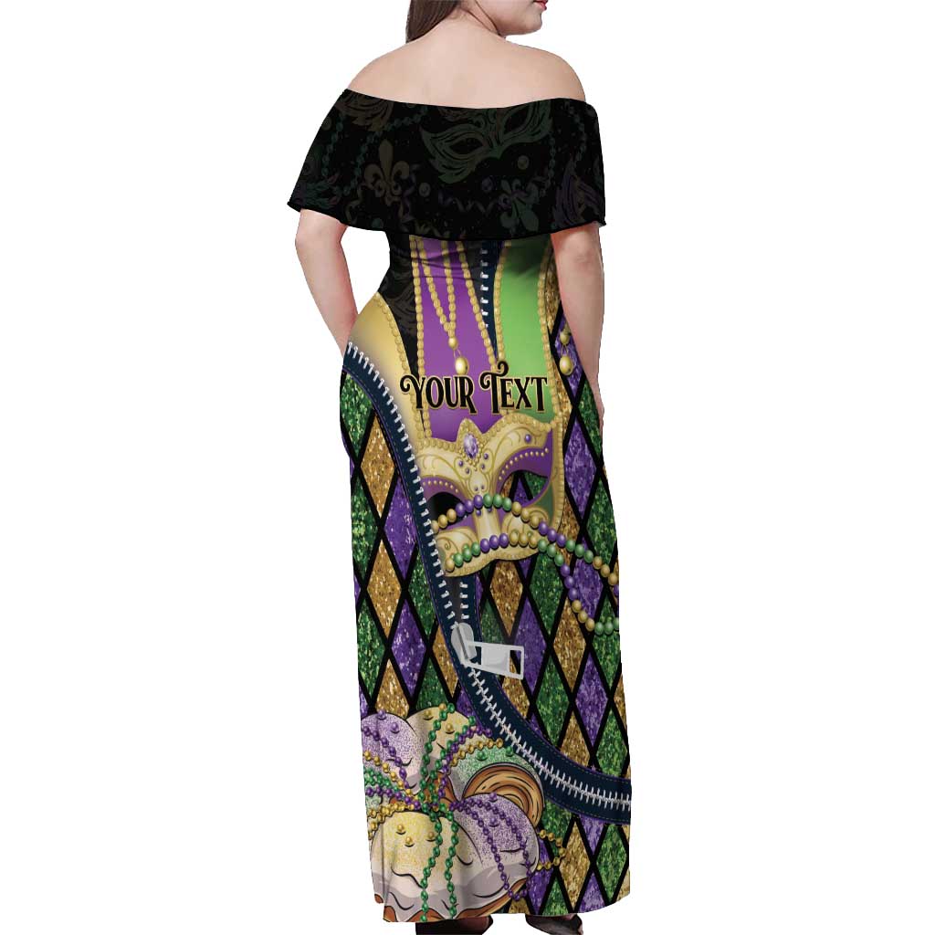 Personalized Mardi Gras Alligator Off Shoulder Maxi Dress Colorful Zipper Stylized