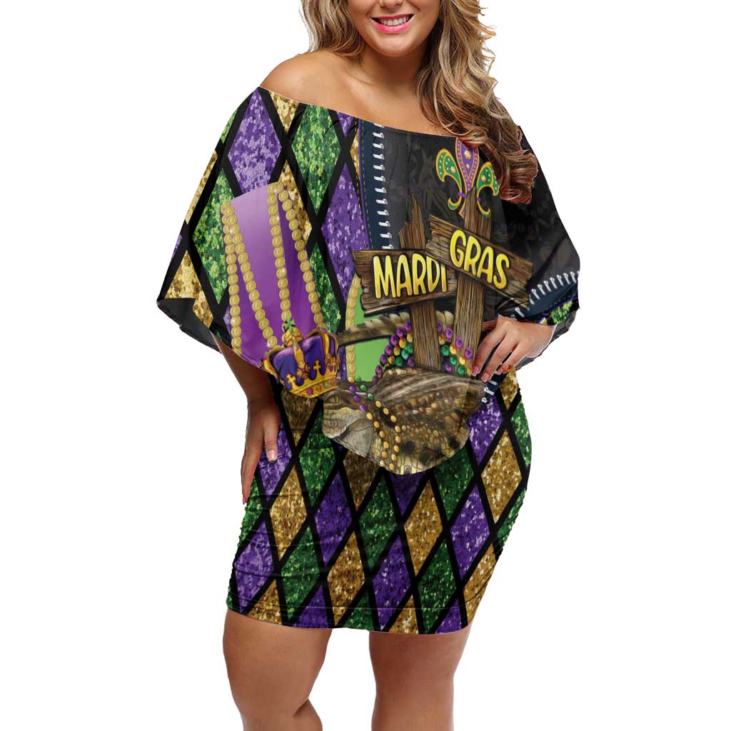 Personalized Mardi Gras Alligator Off Shoulder Short Dress Colorful Zipper Stylized