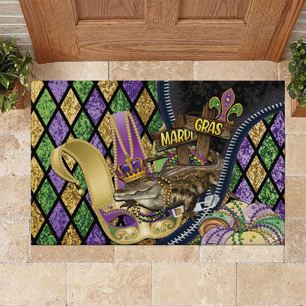 Mardi Gras Alligator Rubber Doormat Colorful Zipper Stylized