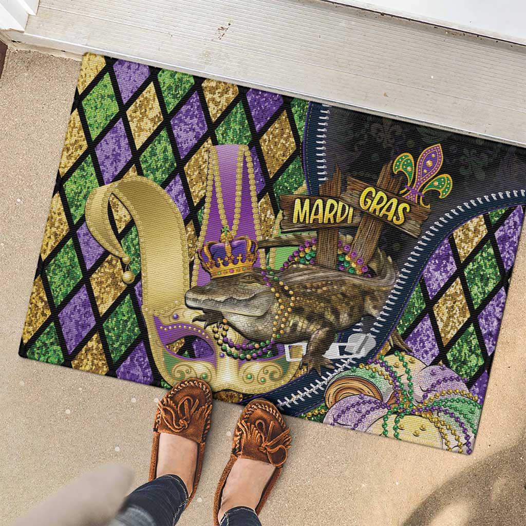 Mardi Gras Alligator Rubber Doormat Colorful Zipper Stylized