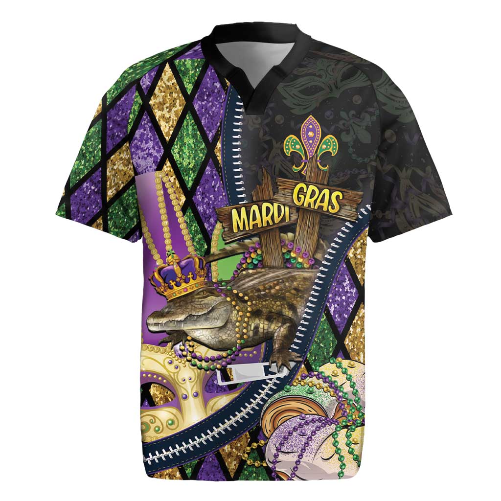 Personalized Mardi Gras Alligator Rugby Jersey Colorful Zipper Stylized