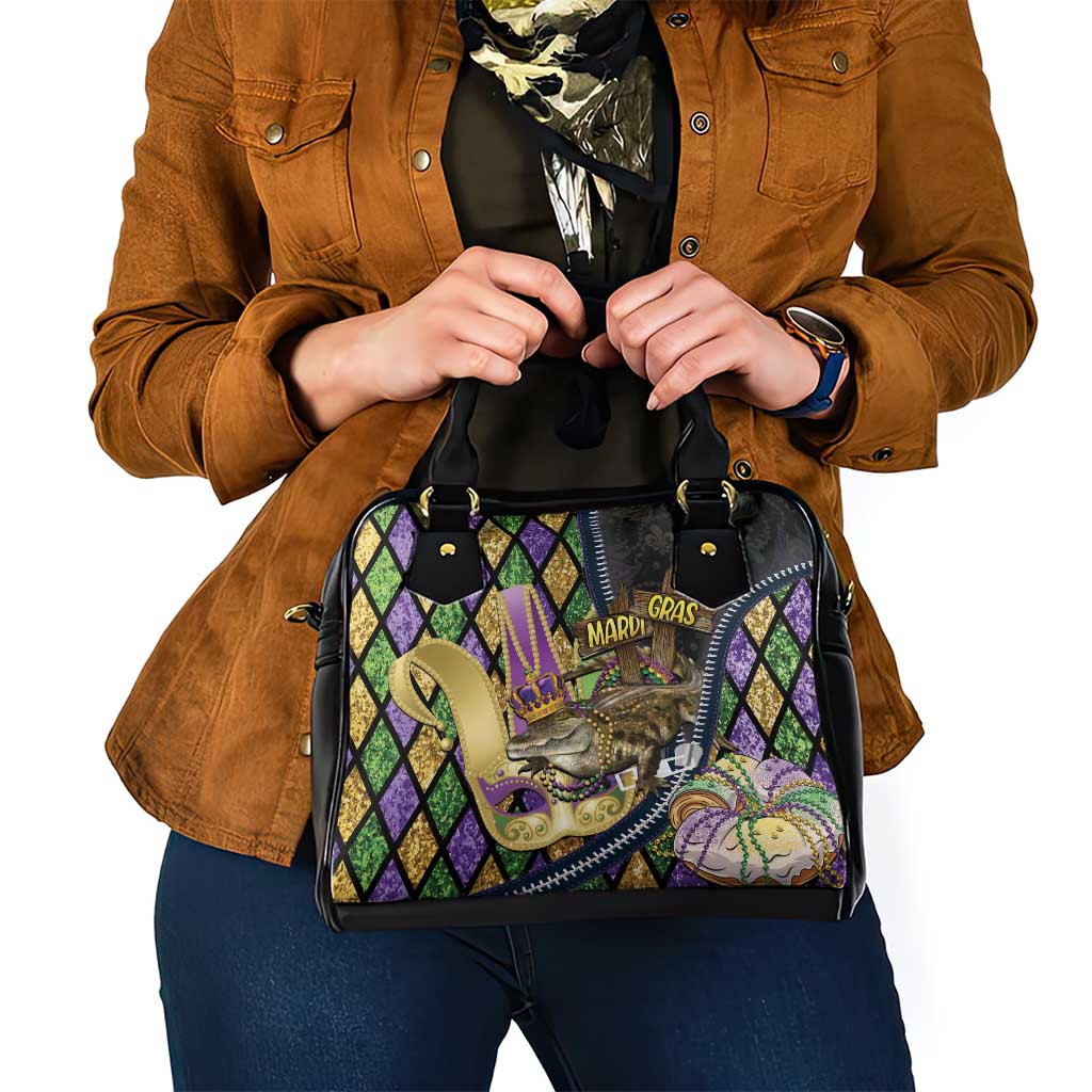 Mardi Gras Alligator Shoulder Handbag Colorful Zipper Stylized