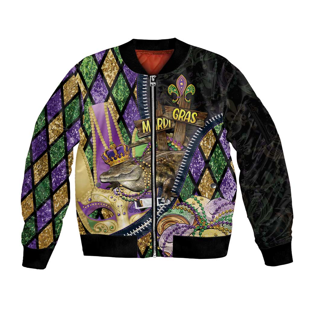 Personalized Mardi Gras Alligator Sleeve Zip Bomber Jacket Colorful Zipper Stylized