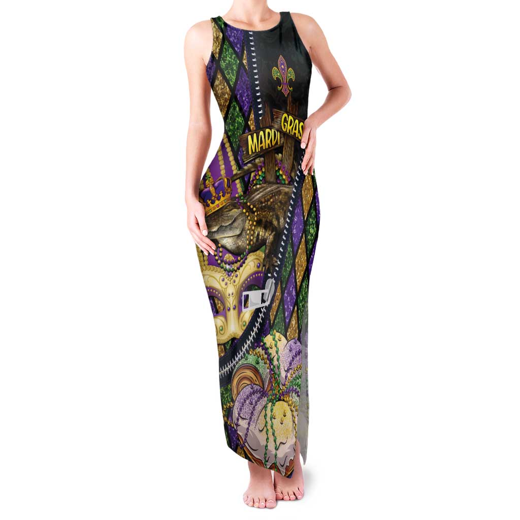 Personalized Mardi Gras Alligator Tank Maxi Dress Colorful Zipper Stylized