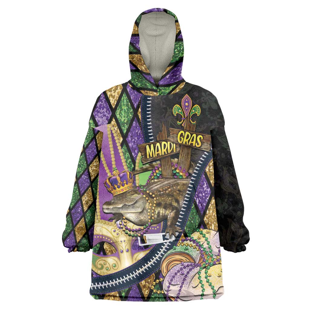 Personalized Mardi Gras Alligator Wearable Blanket Hoodie Colorful Zipper Stylized