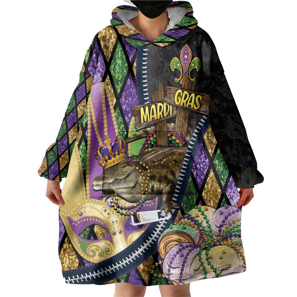 Personalized Mardi Gras Alligator Wearable Blanket Hoodie Colorful Zipper Stylized