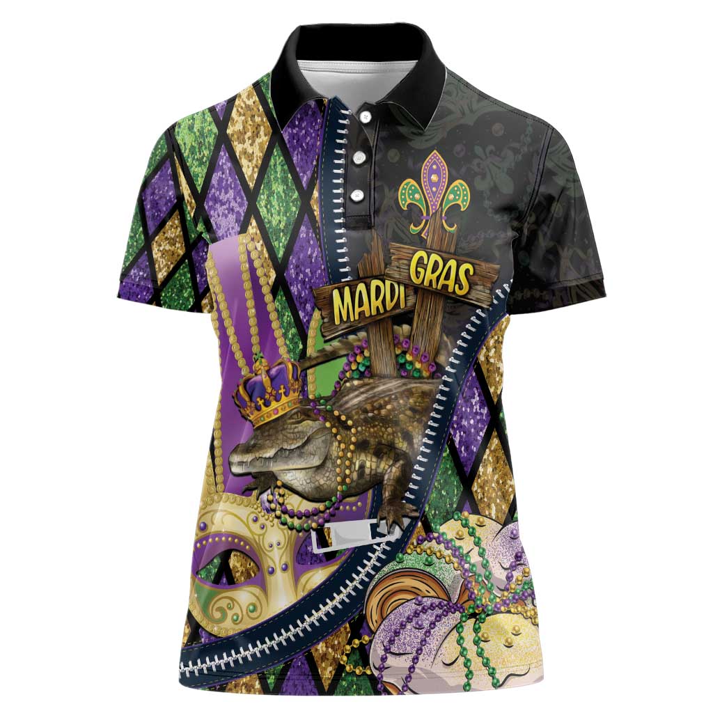 Personalized Mardi Gras Alligator Women Polo Shirt Colorful Zipper Stylized