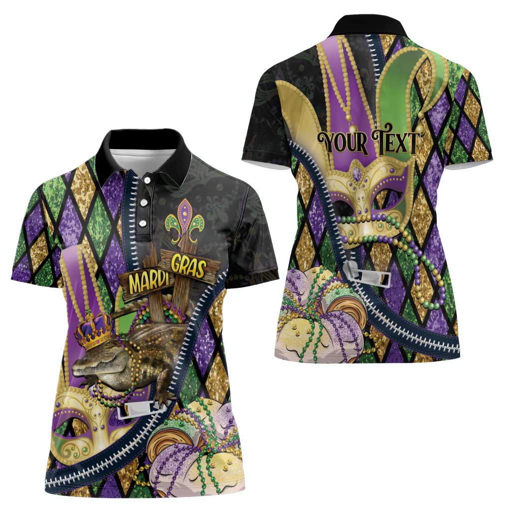 Personalized Mardi Gras Alligator Women Polo Shirt Colorful Zipper Stylized
