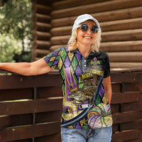 Personalized Mardi Gras Alligator Women Polo Shirt Colorful Zipper Stylized
