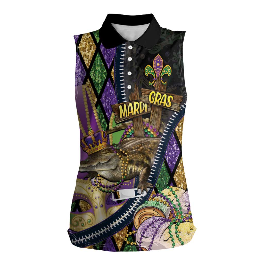 Personalized Mardi Gras Alligator Women Sleeveless Polo Shirt Colorful Zipper Stylized