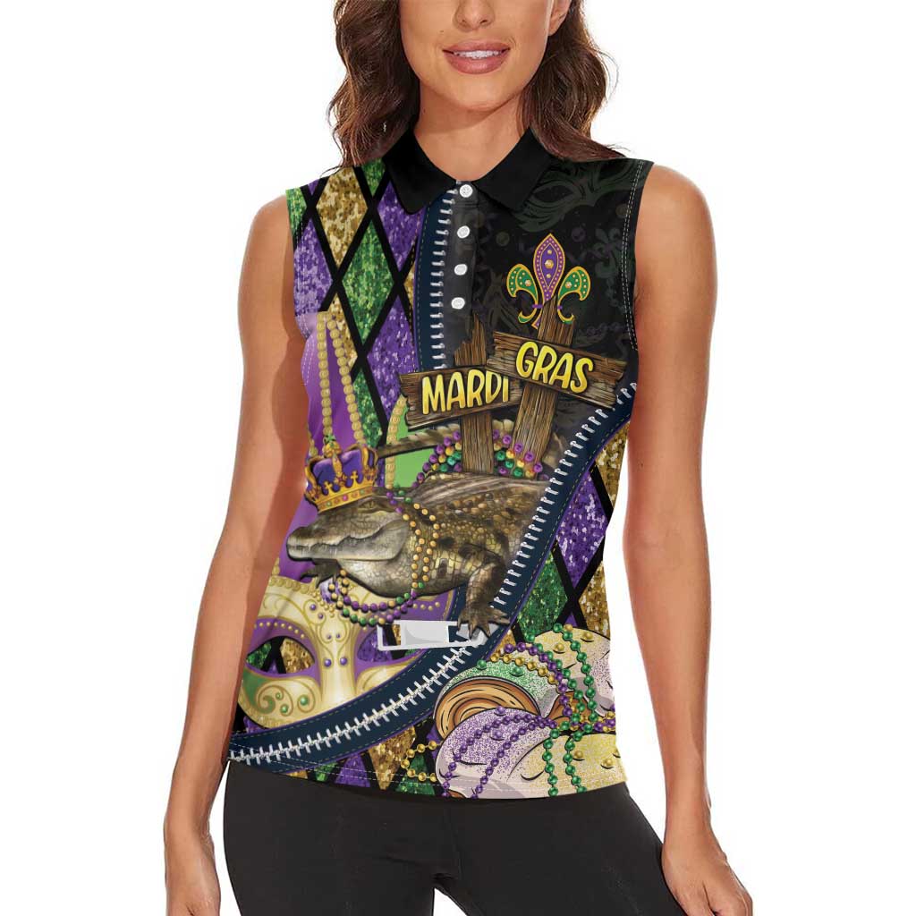 Personalized Mardi Gras Alligator Women Sleeveless Polo Shirt Colorful Zipper Stylized
