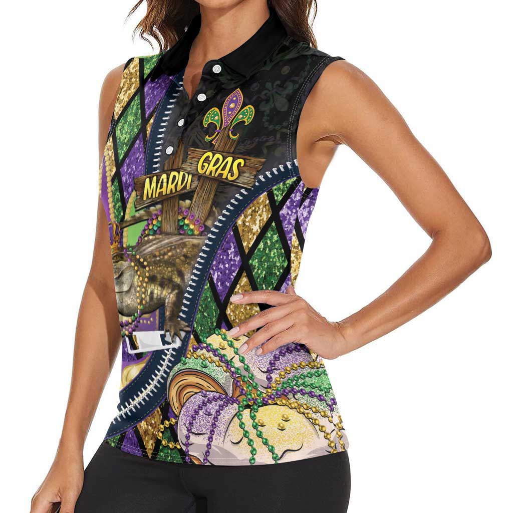 Personalized Mardi Gras Alligator Women Sleeveless Polo Shirt Colorful Zipper Stylized