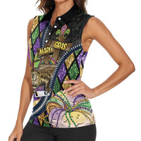 Personalized Mardi Gras Alligator Women Sleeveless Polo Shirt Colorful Zipper Stylized