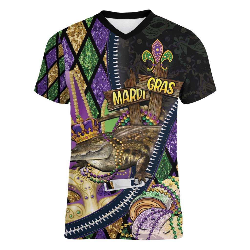 Personalized Mardi Gras Alligator Women V-Neck T-Shirt Colorful Zipper Stylized