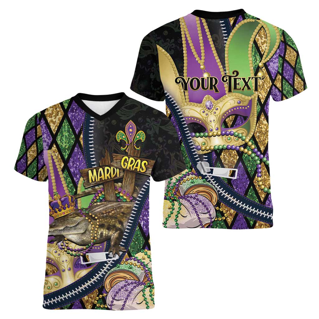Personalized Mardi Gras Alligator Women V-Neck T-Shirt Colorful Zipper Stylized