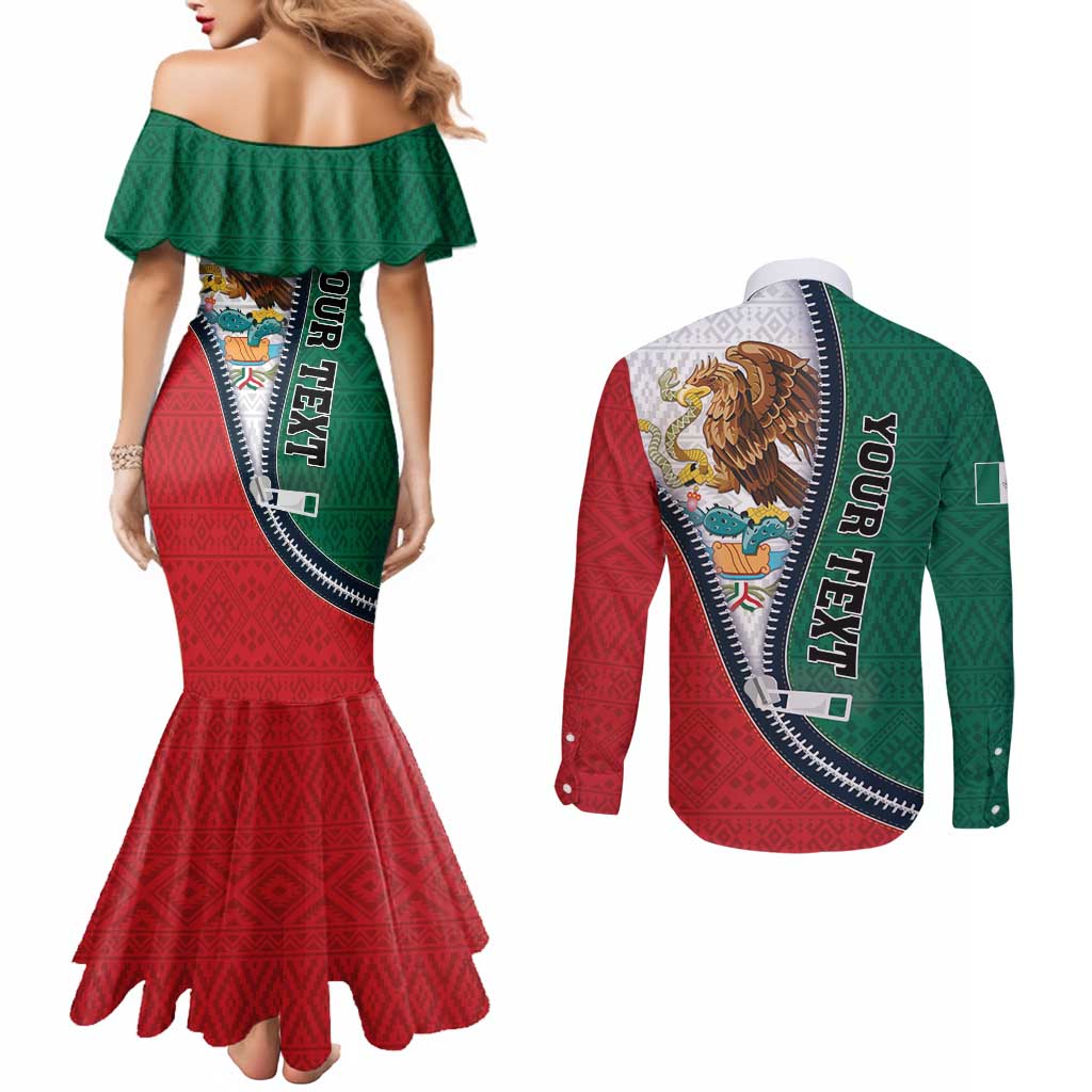 Personalized Mexico Flag Day Couples Matching Mermaid Dress and Long Sleeve Button Shirt Mexican Coat Of Arms Zipper Stylized
