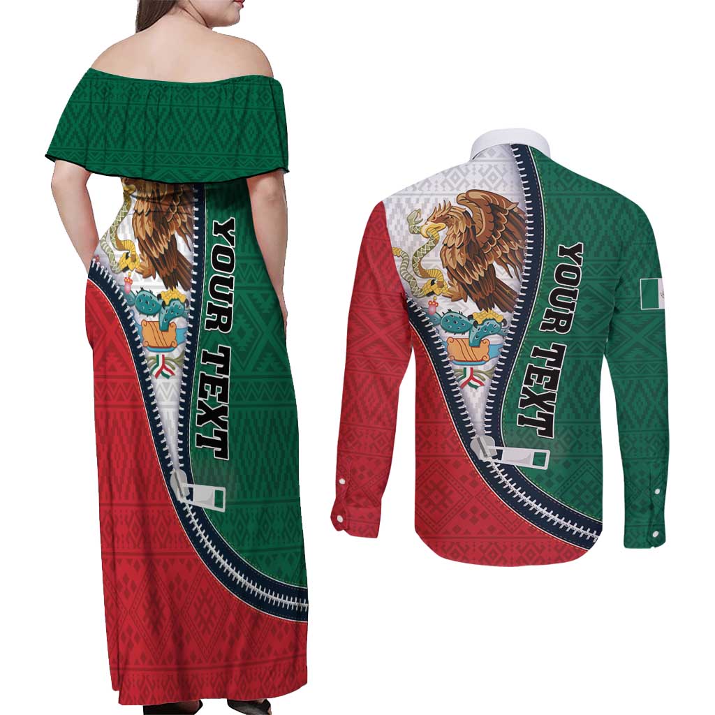 Personalized Mexico Flag Day Couples Matching Off Shoulder Maxi Dress and Long Sleeve Button Shirt Mexican Coat Of Arms Zipper Stylized