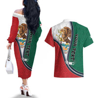 Personalized Mexico Flag Day Couples Matching Off The Shoulder Long Sleeve Dress and Hawaiian Shirt Mexican Coat Of Arms Zipper Stylized