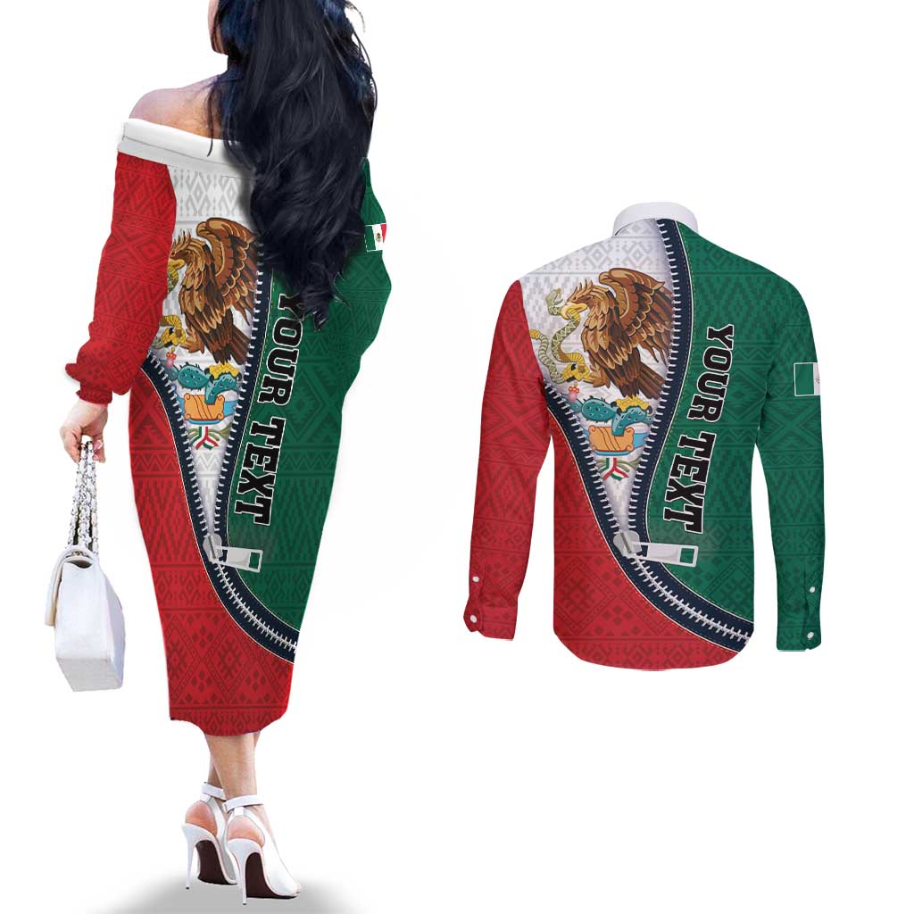 Personalized Mexico Flag Day Couples Matching Off The Shoulder Long Sleeve Dress and Long Sleeve Button Shirt Mexican Coat Of Arms Zipper Stylized