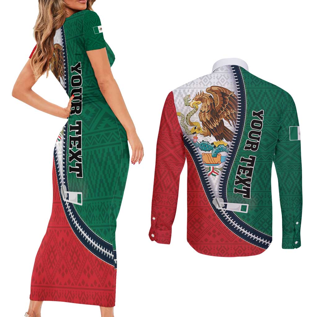 Personalized Mexico Flag Day Couples Matching Short Sleeve Bodycon Dress and Long Sleeve Button Shirt Mexican Coat Of Arms Zipper Stylized