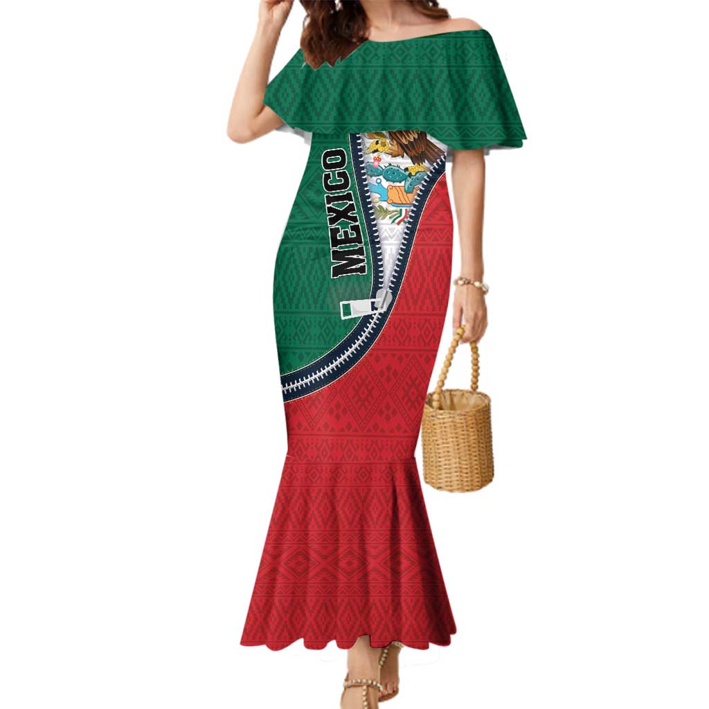 Personalized Mexico Flag Day Family Matching Mermaid Dress and Hawaiian Shirt Mexican Coat Of Arms Zipper Stylized