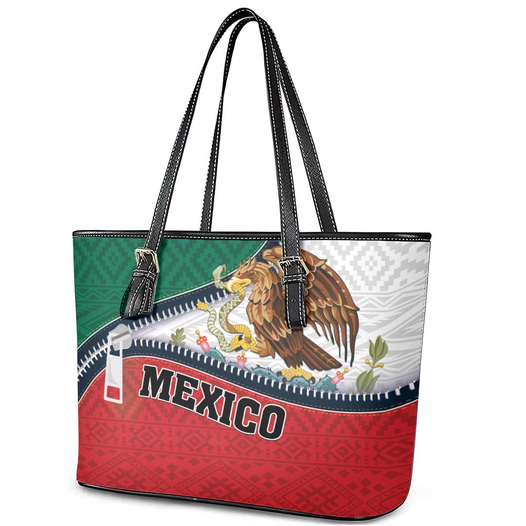 Mexico Flag Day Leather Tote Bag Mexican Coat Of Arms Zipper Stylized