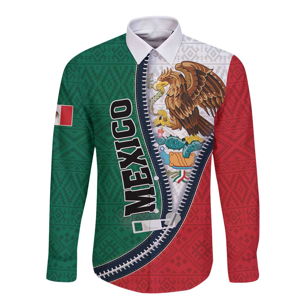 Personalized Mexico Flag Day Long Sleeve Button Shirt Mexican Coat Of Arms Zipper Stylized