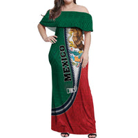 Personalized Mexico Flag Day Off Shoulder Maxi Dress Mexican Coat Of Arms Zipper Stylized