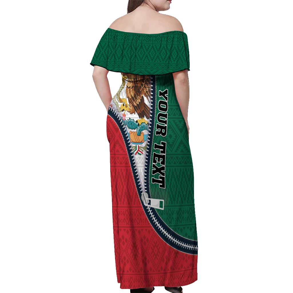 Personalized Mexico Flag Day Off Shoulder Maxi Dress Mexican Coat Of Arms Zipper Stylized