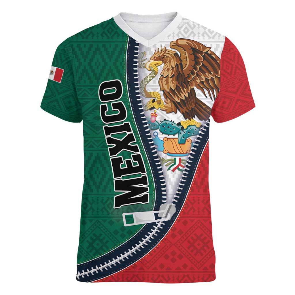Personalized Mexico Flag Day Women V-Neck T-Shirt Mexican Coat Of Arms Zipper Stylized