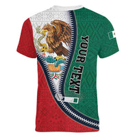 Personalized Mexico Flag Day Women V-Neck T-Shirt Mexican Coat Of Arms Zipper Stylized