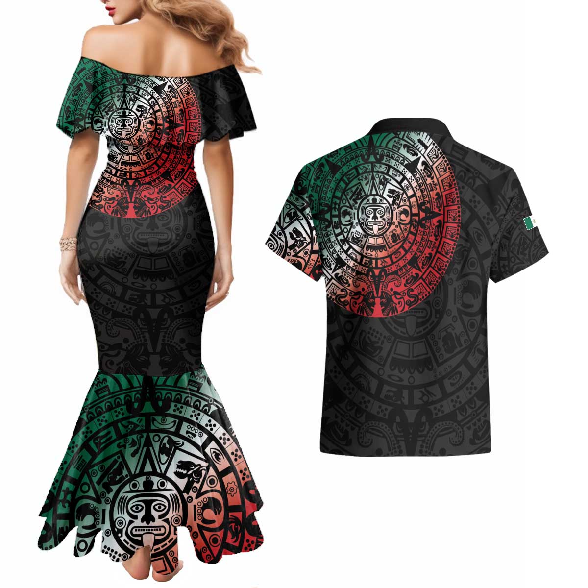Mexican Aztec Circle Couples Matching Mermaid Dress and Hawaiian Shirt Flag Color Unique Style