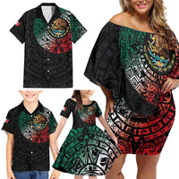 Mexican Aztec Circle Family Matching Off Shoulder Short Dress and Hawaiian Shirt Flag Color Unique Style
