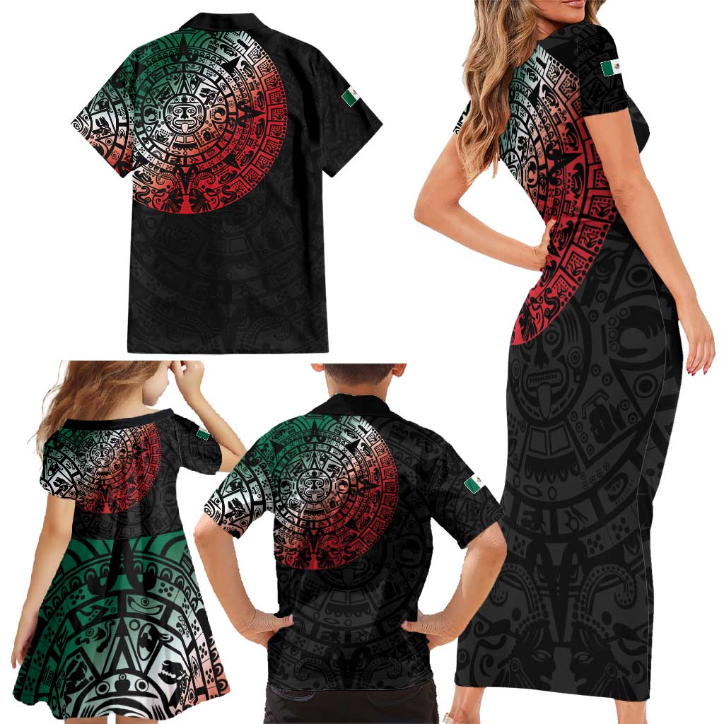 Mexican Aztec Circle Family Matching Short Sleeve Bodycon Dress and Hawaiian Shirt Flag Color Unique Style