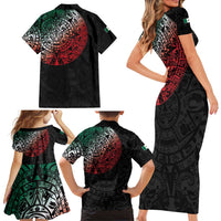 Mexican Aztec Circle Family Matching Short Sleeve Bodycon Dress and Hawaiian Shirt Flag Color Unique Style